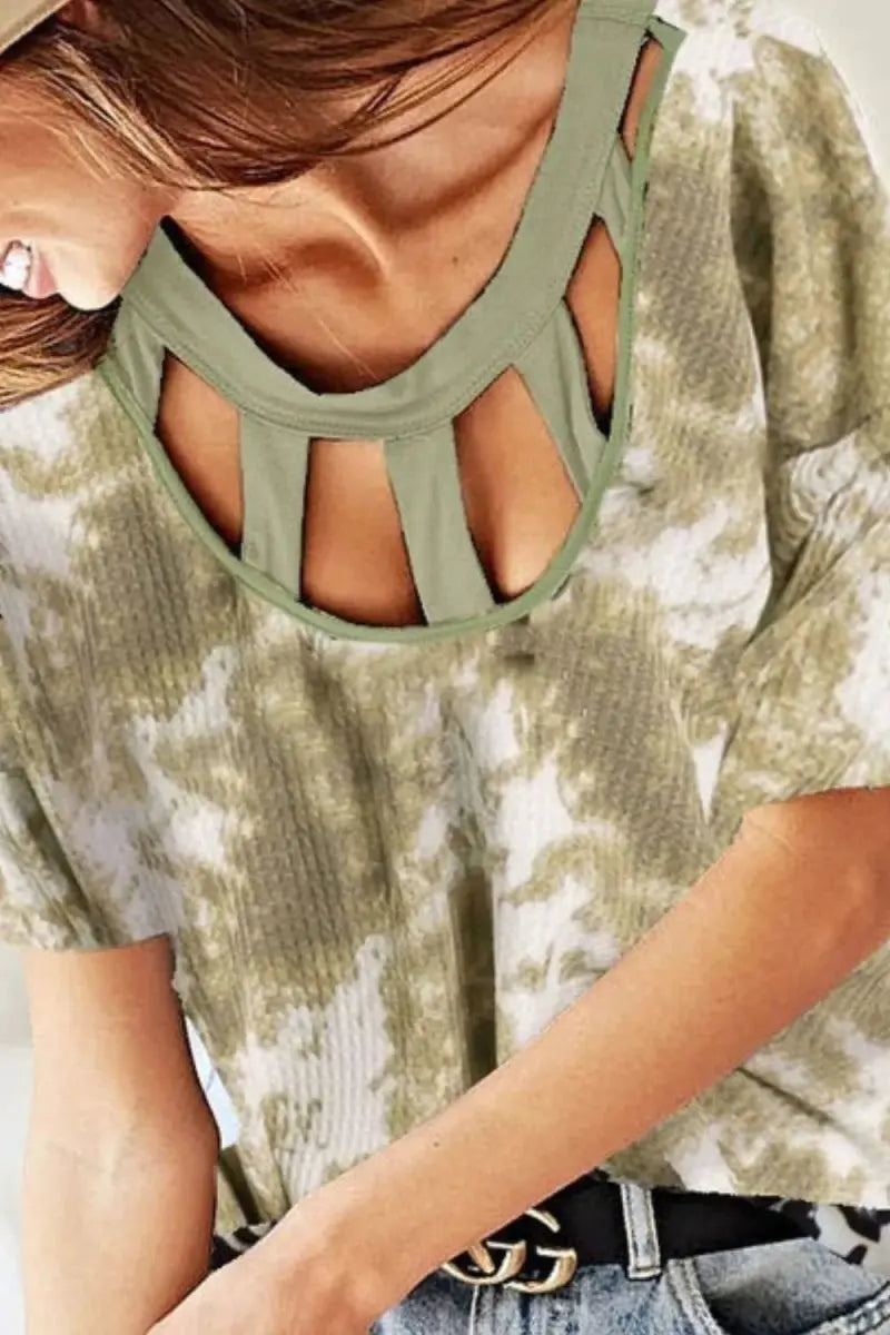 BiBi Tie Dye Print Waffle Top with Contrast Caged Neck - Love Salve